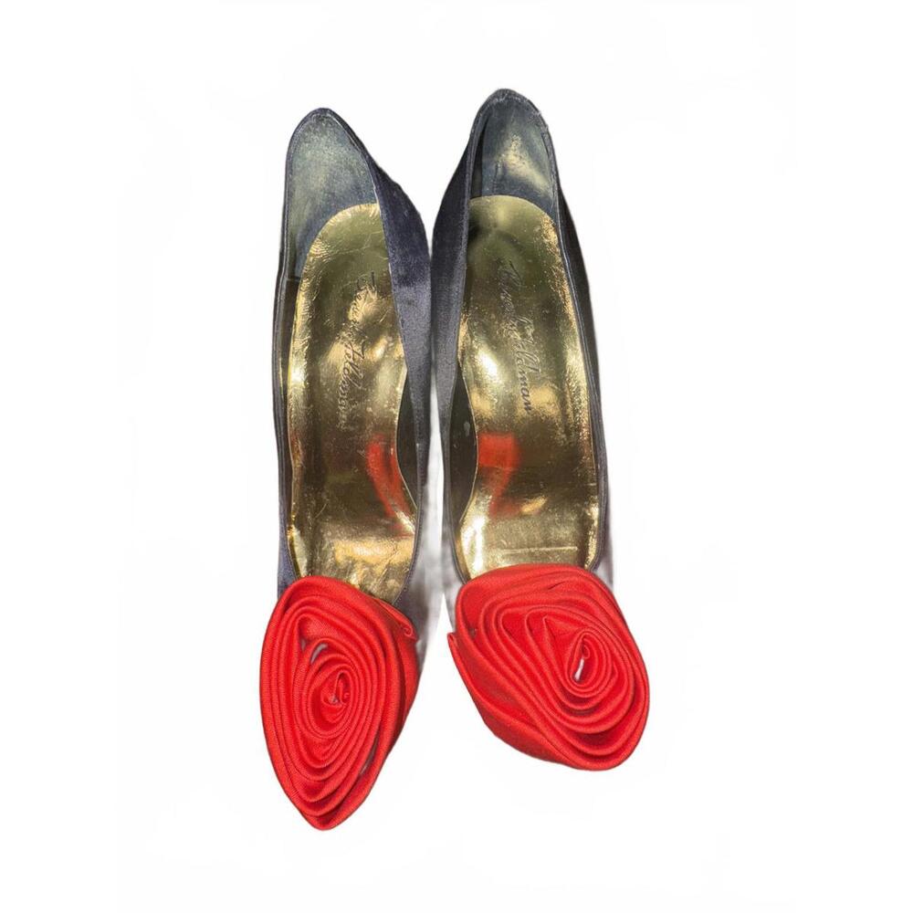 Beverly Feldman Black Satin Women's Heels with Red Rose Detail